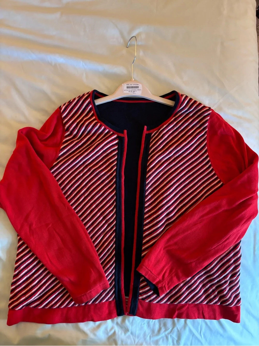 CAbi Size L/XL reversible Red, Navy & White Striped Open-Front Cardigan
